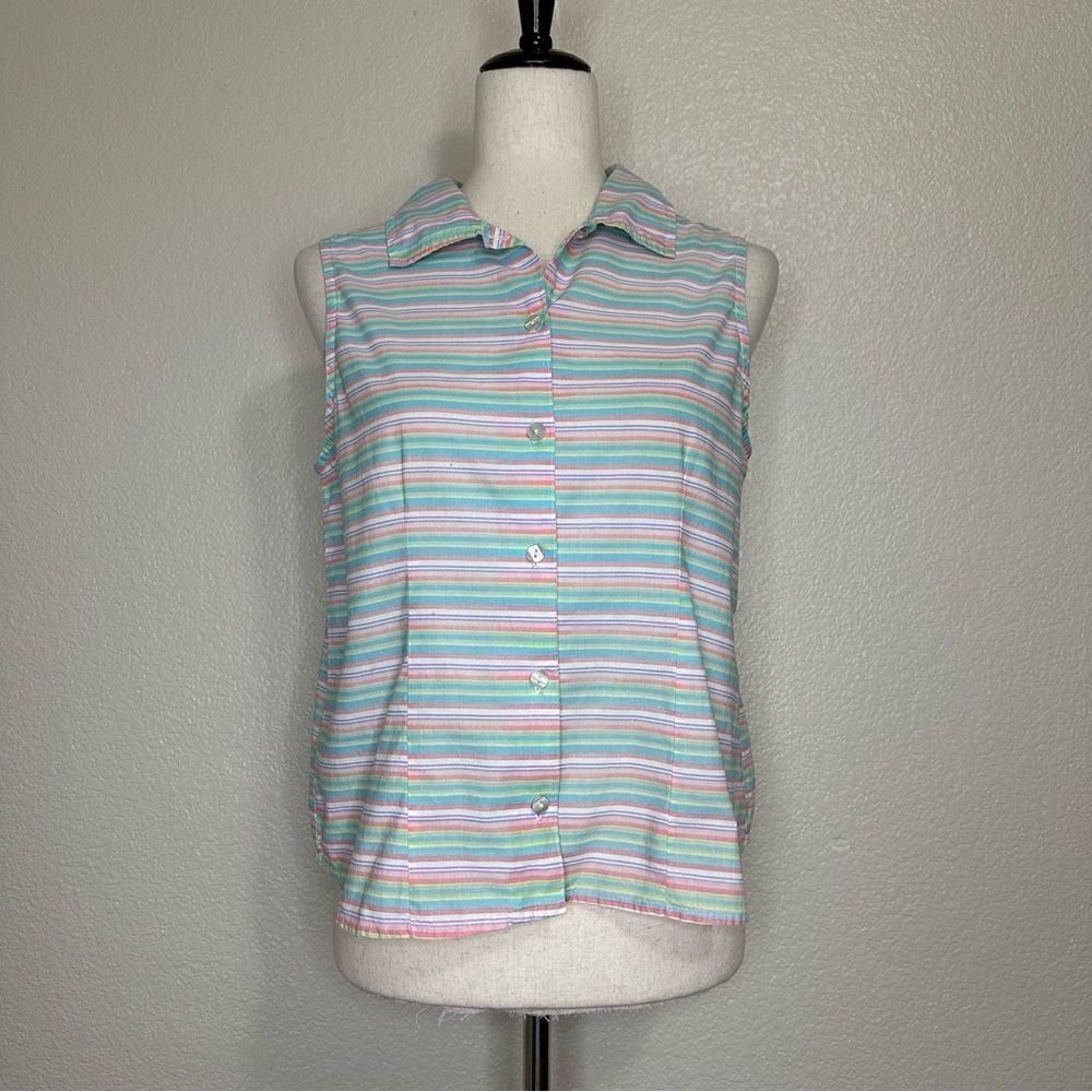 Fresh Produce 100% Cotton Multicolor Striped Sleeveles Button Down Shirt